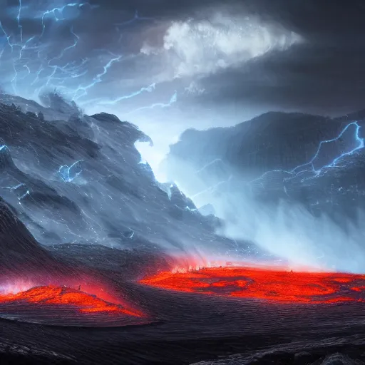 Prompt: cataclysm with a huge storm and rivers of lava, fantasy, concept art, artstation, hd 4 k