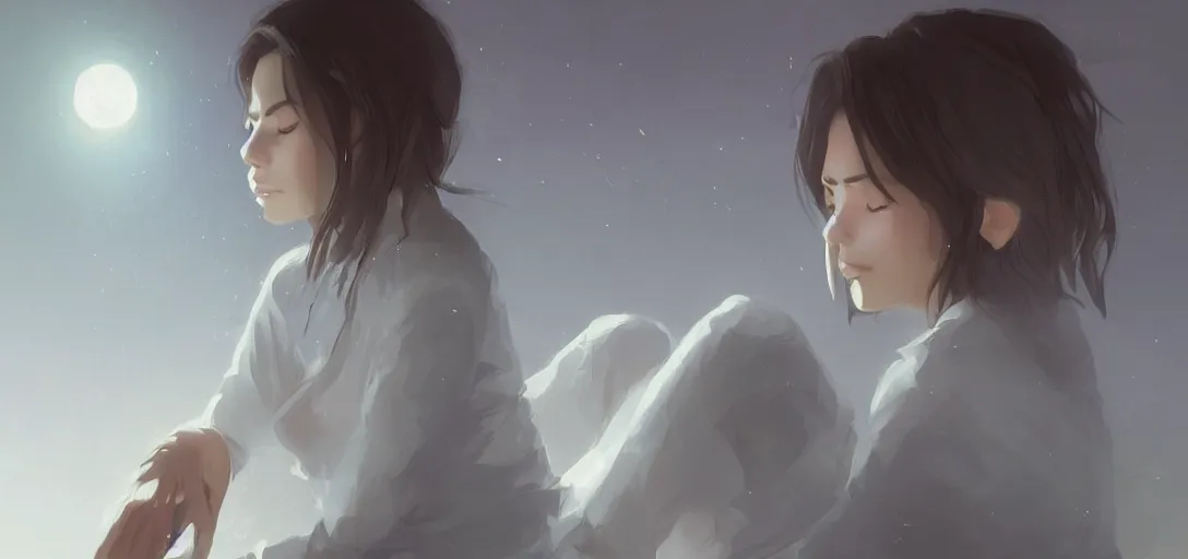 Image similar to Young Himalayan woman sitting concerned in an empty room with loneliness using psychic powers to make a lighter float| night time scene, plain walls |somber white eyes, long messy hair | gentle lighting, futuristic, dim lighting, digital art by Makoto Shinkai ilya kuvshinov and Wojtek Fus, digital art, concept art,