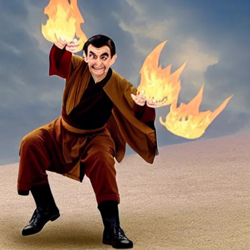 Prompt: mr bean as a fire bender in avatar the last air bender