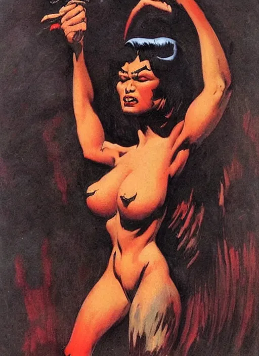 Image similar to manananggal, filipino vampire, strong line, deep color, beautiful! coherent! by frank frazetta, high contrast