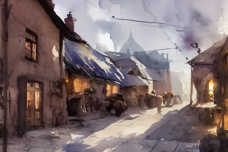 Image similar to abstract watercolor painting of village street, bailey wall, medieval straw roof, scandinavian viking age, ambient lighting, art by hans dahl, by jesper ejsing, art by anders zorn, wonderful masterpiece by greg rutkowski, cinematic light, american romanticism by greg manchess, creation by tyler edlin