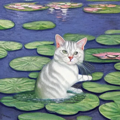 Image similar to a white and grey tabby cat stretching on a lilypad floating on a lake, in the style of water lilies painting by monet