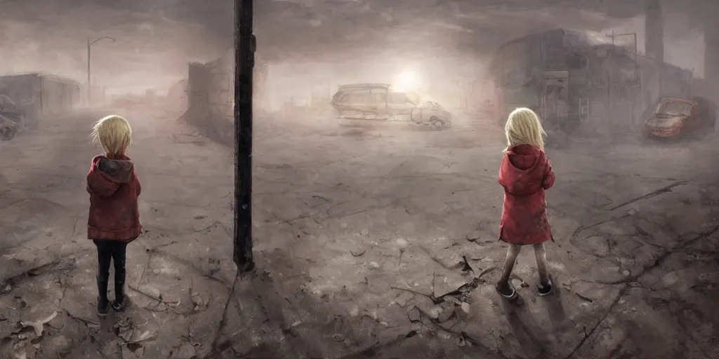 Image similar to a blonde haired little girl wearing a hoodie standing in a post - apocalyptic city by craig davison, abandoned bus stop, craters, scorching weather, realistic, epic composition