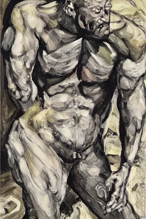 Prompt: Beast ,fully clothed, from the X-Men oil painting by Lucian Freud