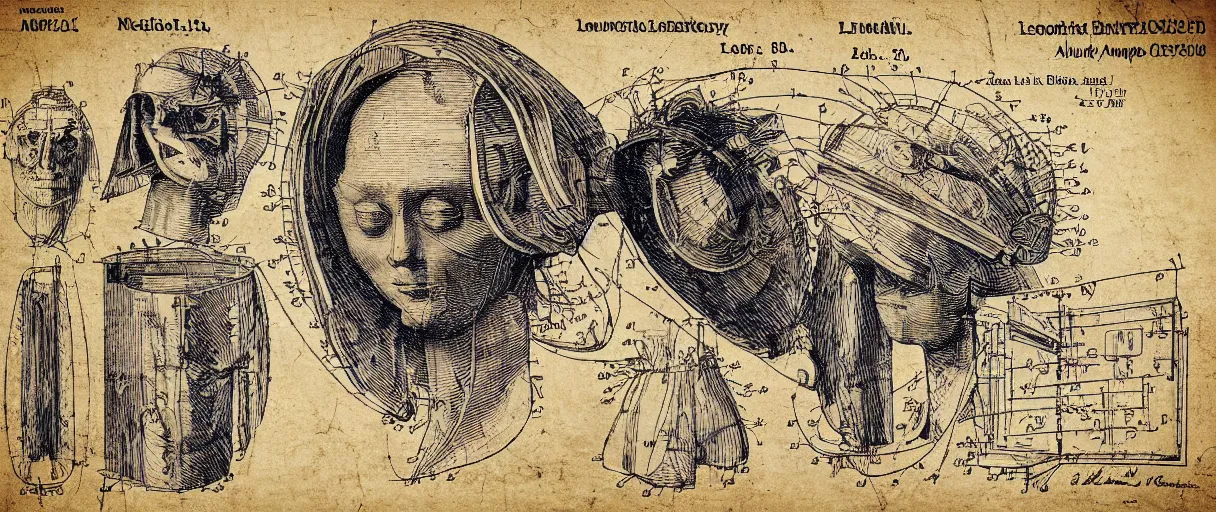 Image similar to an amazingly detailed leonardo davinci human-powered creativity-amplifier that is worn on the head. in the style of a patent diagram. rendered precisely.