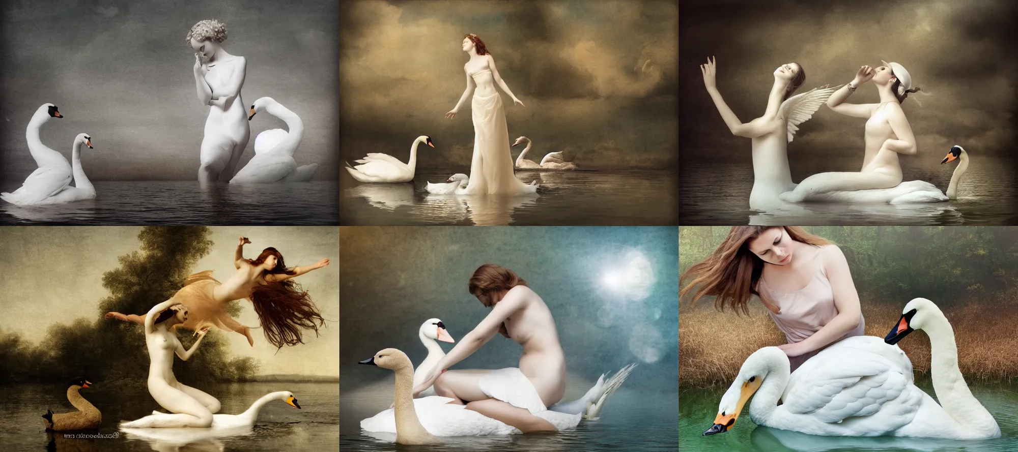 Prompt: photostock of a woman and a swan in the style of leda and the swan