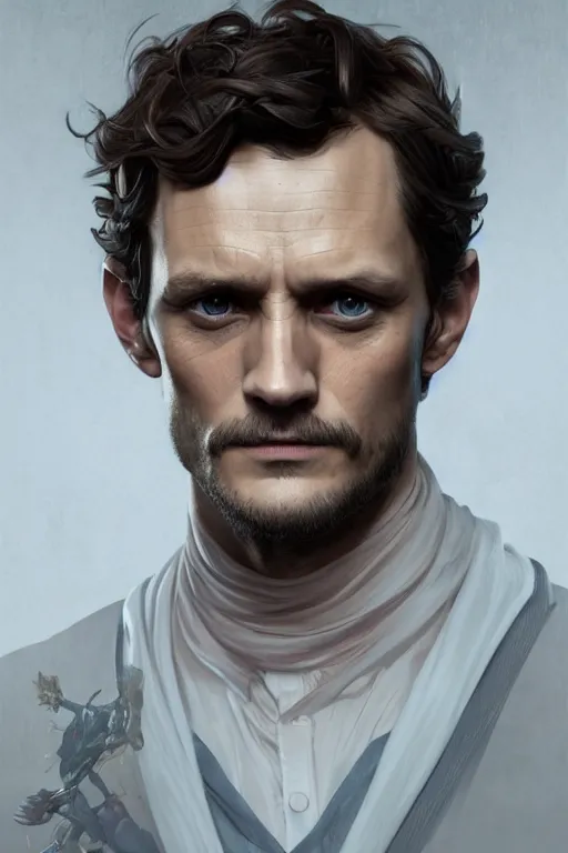 Image similar to symmetry!! portrait of hugh dancy in the style of horizon zero dawn, machine face, intricate, elegant, highly detailed, digital painting, artstation, concept art, smooth, sharp focus, illustration, art by artgerm and greg rutkowski and alphonse mucha, 8 k