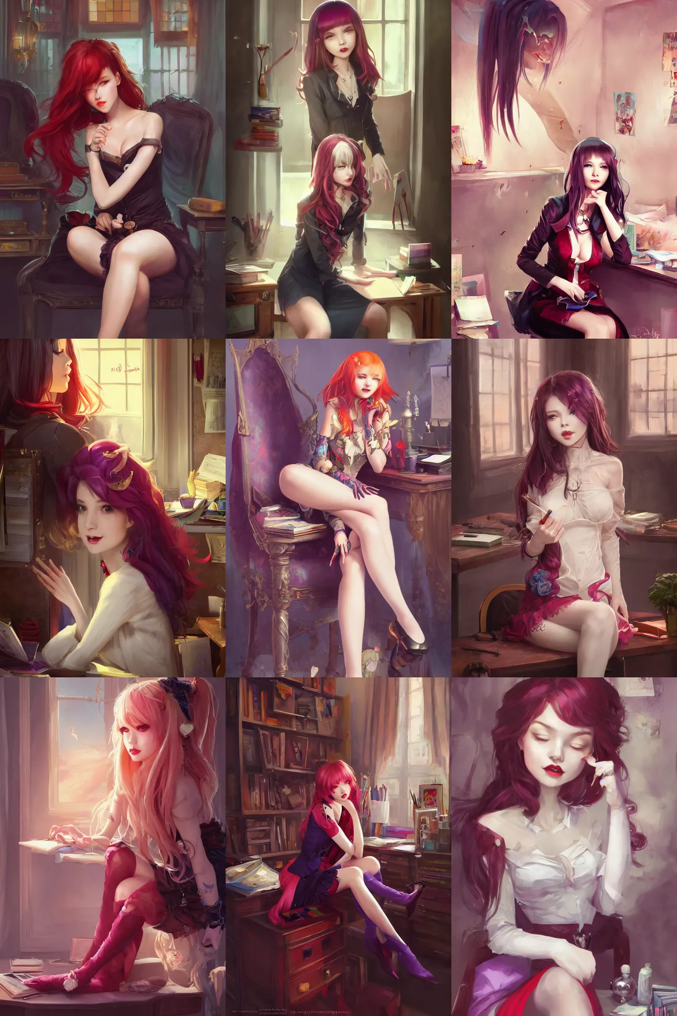 Prompt: a beautiful vampire girl sitting in her office | | cute - fine - subtle smile, colorful hair, face, pretty face, fine details by stanley artgerm lau, wlop, rossdraws, james jean, andrei riabovitchev, marc simonetti, and sakimichan, trending on artstation