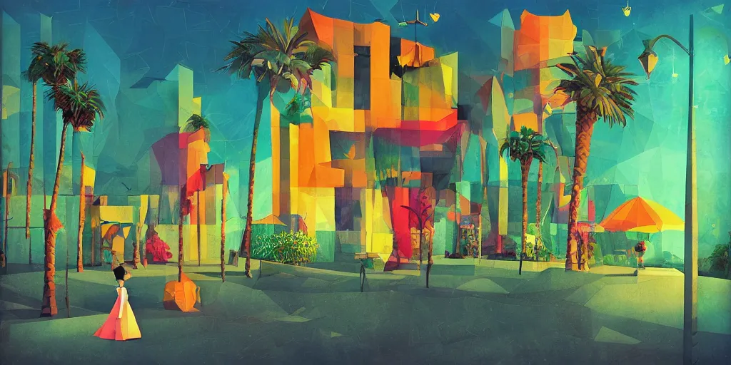 Image similar to low poly, pixar, tel aviv street, bauhaus, palm trees, nostalgia for a fairytale, magic realism, flowerpunk, mysterious vivid colors by andy kehoe and amanda clarke