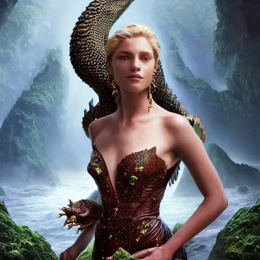Image similar to portrait of a stunningly beautiful dragon queen female, depth of field, zeiss lens, detailed, symmetrical, centered, fashion photoshoot, by Annie Leibovitz and Steve McCurry, David Lazar, Jimmy Nelsson, Breathtaking, 8k resolution, extremely detailed, beautiful, establishing shot, artistic, hyperrealistic, beautiful face, octane render