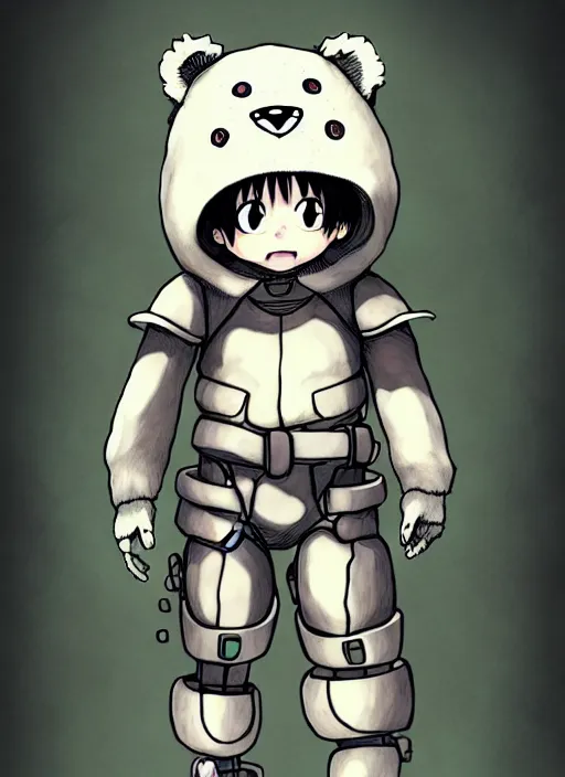 Image similar to beautiful little boy wearing an cyborg bear suit, artwork in kentaro miura and made in abyss and rosdraws, smooth, beautiful lightness, anatomically correct, trending on pixiv, forest