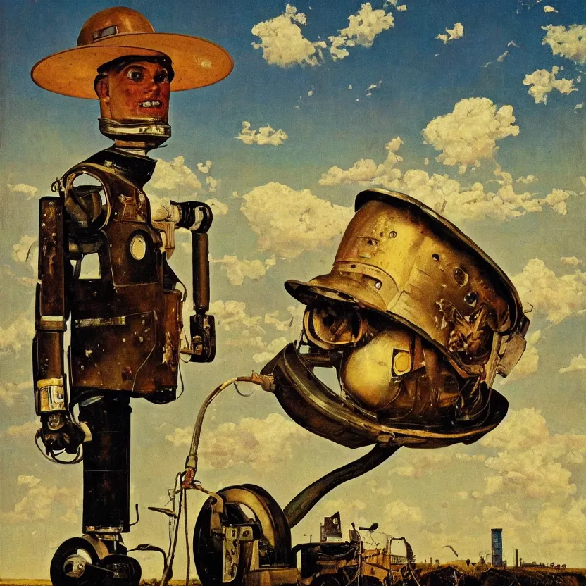 Image similar to portrait painting of a farmer robot made of chrome in front of rolling cornfields and beautiful clouds, painted by norman rockwell. pulp sci - fi art for omni magazine. high contrast. dark background. baroque period, oil on canvas. renaissance masterpiece. trending on artstation. retrofuturism.