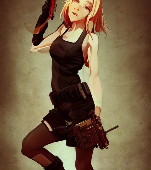 Image similar to pretty woman holding a gun, by wlop, rain, poster, anime key visual, artstation