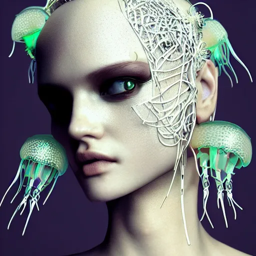 Image similar to closeup portrait of an absurdly beautiful, graceful, sophisticated, fashionable cyberpunk mechanoid gravure idol, an ultrafine hyperdetailed illustration by irakli nadar, matt wisniewski style, fashion photography, intricate linework, porcelain skin, jellyfish headdress, fractal ivory carved ruff, unreal engine 5 highly rendered, global illumination, radiant light, detailed and intricate environment