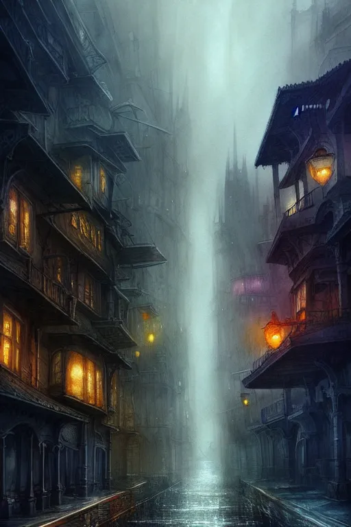 Prompt: fantasy city with slick streets highly detailed, digital painting, concept art, matte, sharp focus, watercolor illustration, art by j w turner, epic fantasy, moody, dark mood, digital watercolor painting