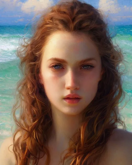 Prompt: beatiful woman on the beach, elegant, graceful figure, beautiful, soft lighting, highly detailed face, sharp focus, artstation, sophie anderson, arnold armitage, loish, thomas kinkade