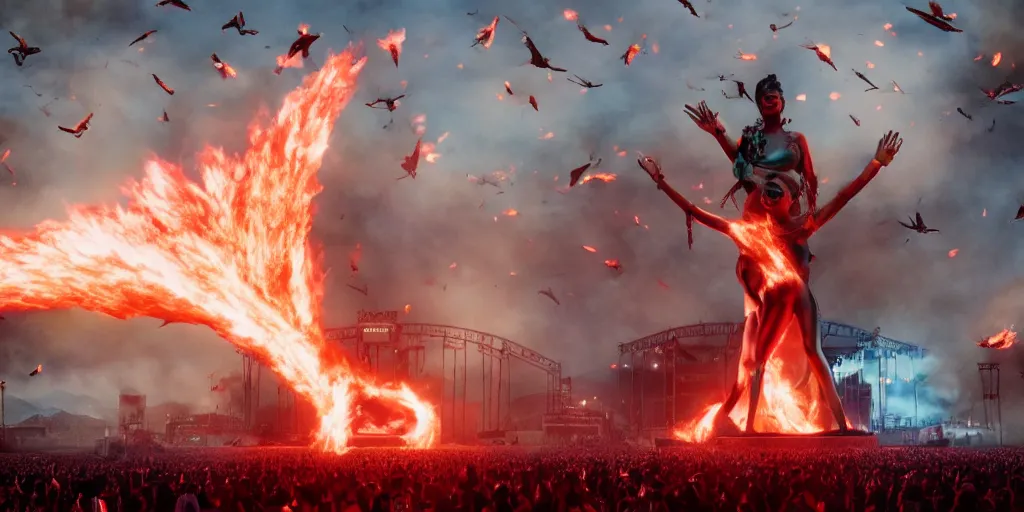 Image similar to realistic cinematic views of a orwellian coachella with fires in the background and dead seagulls falling from the sky in front of the main stage worshipping a large statue of kylie jenner, hyper detailed, terror glows, hyper realistic, digital painting, 8 k, 3 5 mm film grain, octane render