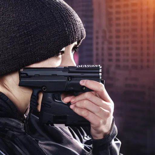 Image similar to photographic portrait of a techwear woman holding a Glock 18, closeup, on the rooftop of a futuristic city at night, sigma 85mm f/1.4, 4k, depth of field, high resolution, 4k, 8k, hd, full color