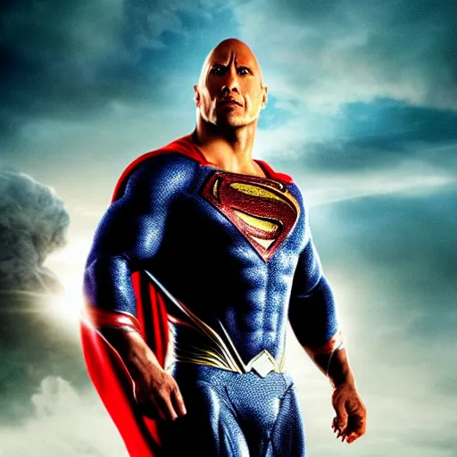 Image similar to Dwayne Johnson as Superman in Justice League, apocalyptic skies behind him, photo, promo shoot, studio lighting