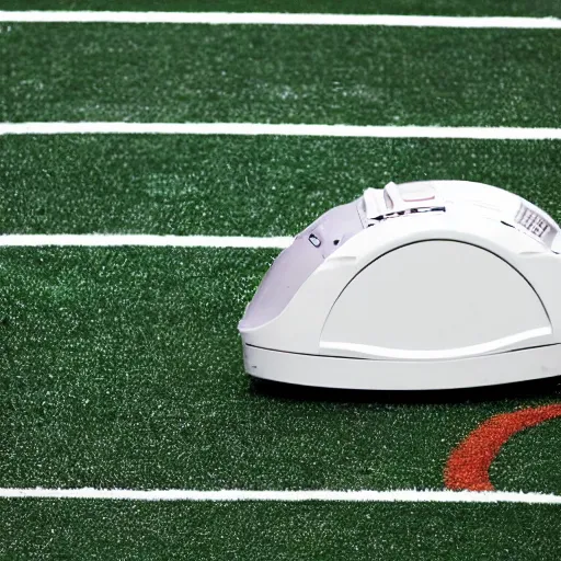 Prompt: someone left a washing machine on the field of the super bowl