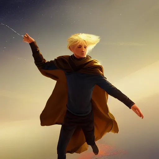 Image similar to blonde boy wearing a brown cape and flying in t pose, space background, energy beam, brush strokes, greg rutkowski