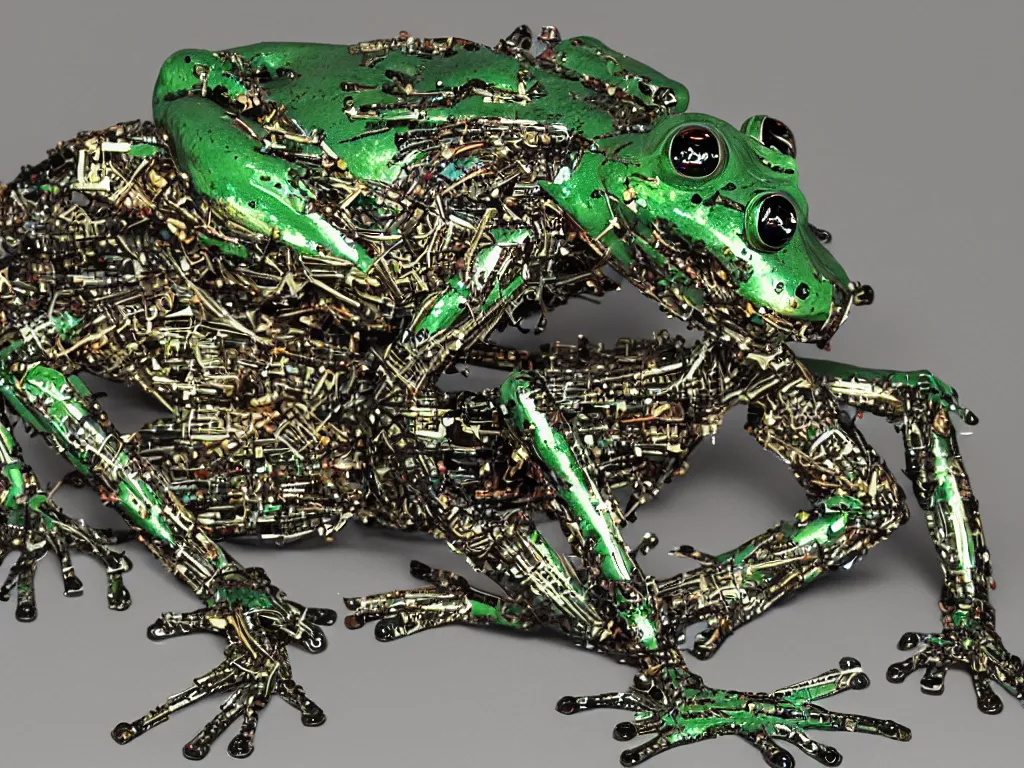 Image similar to a cyborg frog made from synthesizer parts in a dmt trip