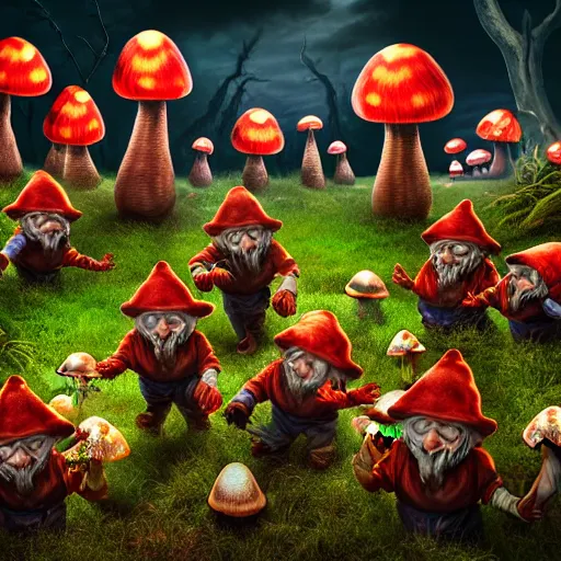 Prompt: a portrait of a scary evil nightmare gnomes in a poison mushroom village, highly detailed, digital photo, hdri, by christopher bretz and john carpenter, vivid colors, high contrast, 8 k resolution, intricate, photorealistic, smooth, psychedelic color scheme, concept art, award winning, cg society contest winner