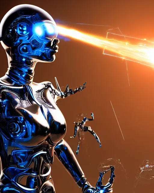 Image similar to A female cyborg extraterrestrial plastic and metal warrior with beaming nebulous eyes writing on a three-dimensional. computer hologram, insanely detailed