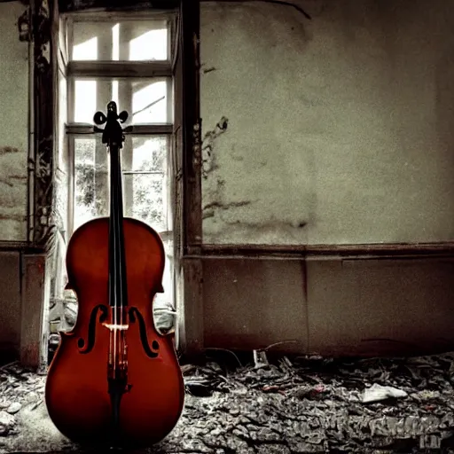 Prompt: abandoned places with a cello, cinematic light,