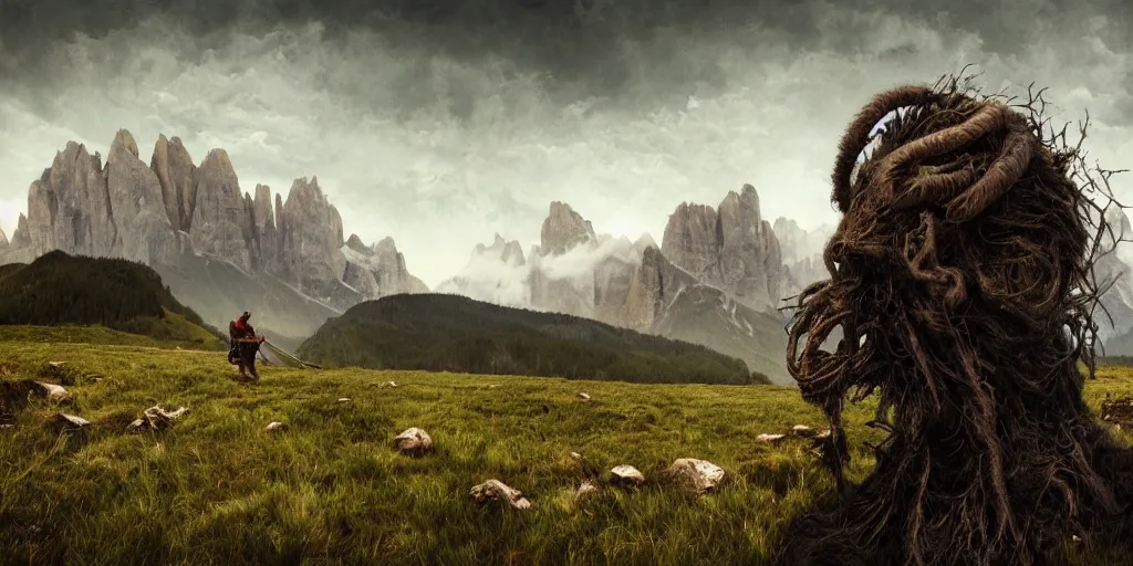 Image similar to alpine farmer transforming into a monster ,roots and hay coat, dolomites in background, dark, eerie, despair, portrait photography, artstation, digital art, concept art, artstation, highly detailed, sharp focus, by caravaggio