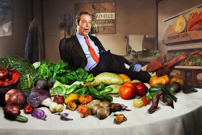 Prompt: nigel farage laying on top of vegetables on a table, a bronze sculpture by jeff a. menges, trending on pinterest, hyperrealism, hyper - realistic, hyper realism, playstation 5 screenshot