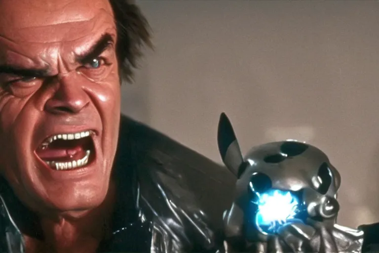 Image similar to Jack Nicholson plays Pikachu Terminator, scene where his inner endoskeleton gets exposed and his eye glows red, still from the film