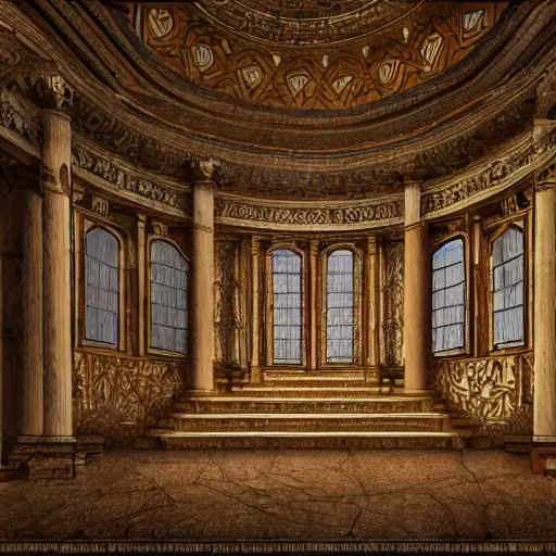 Prompt: fine concept art of a scene representation inspired by the song Hall of the Stairs / Hall of the Mosaics by Andreas Vollenweider, highly realistic and detailed, intricate, photorealistic, cinematic lighting