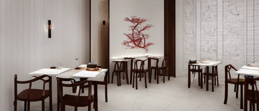 Image similar to a beautiful simple interior render of small roasted string hotpot restaurant restaurant yan'an, wall corner, from china, red paper wall and white tile floor, rectangle white porcelain table, fine simple delicate structure, chinese style, simple composition, simple style structure decoration design, victo ngai, 4 k hd