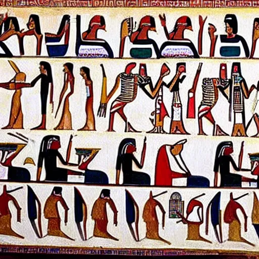 Image similar to egyptian painting of people taking a group selfie