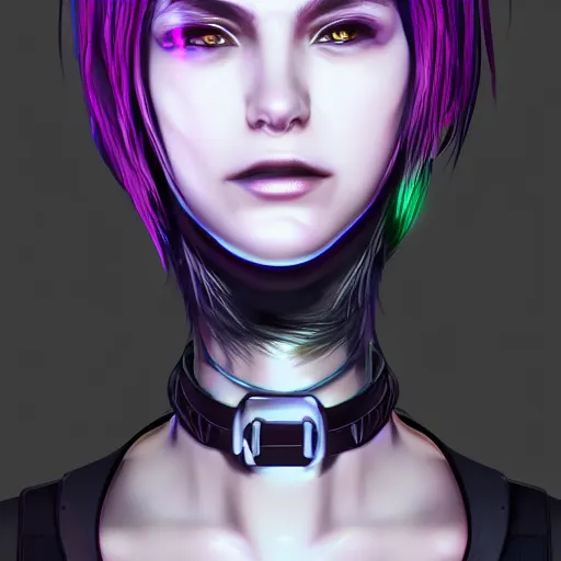 Prompt: headshot artwork of a cyberpunk woman wearing thick steel choker around neck, 4K, detailed face, collar on neck, realistic, artstation, neon,