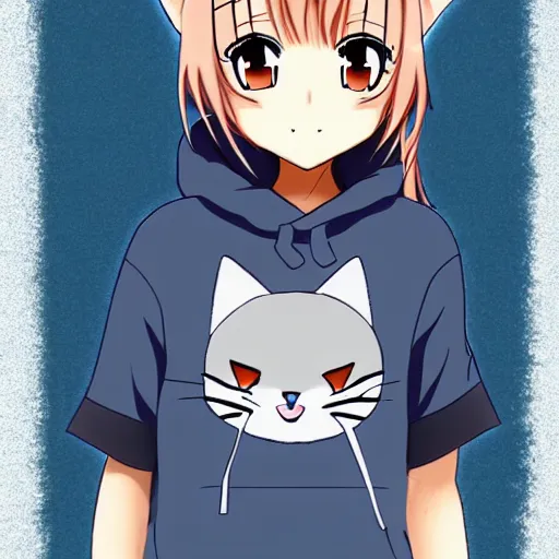 Prompt: a cute anime girl wearing a cat hoodie in the style of america mcgee's alice