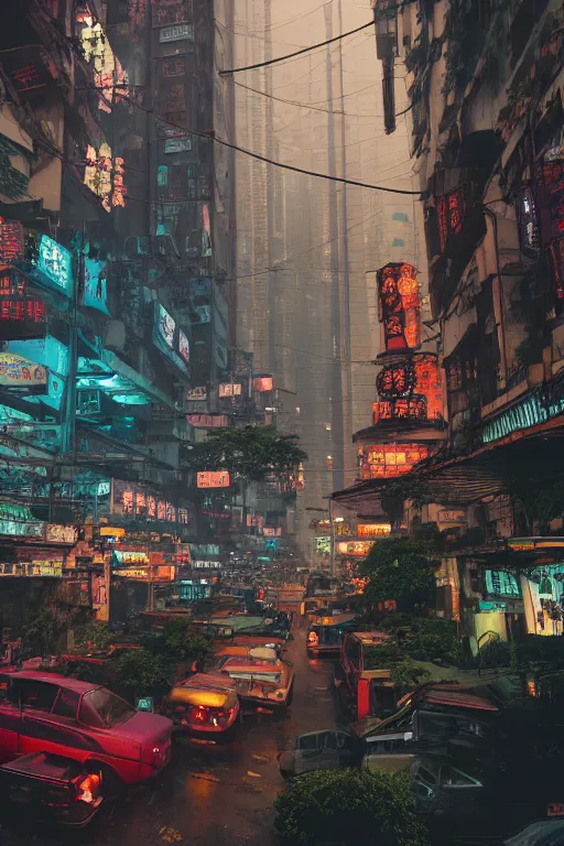 Image similar to cinematic photo of ancient overgrown cyberpunk hong kong with cars and people, night, rain, flowers, beautifully lit, hyperdetailed, unreal engine, photorealistic, denis villeneuve film look, blade runner set