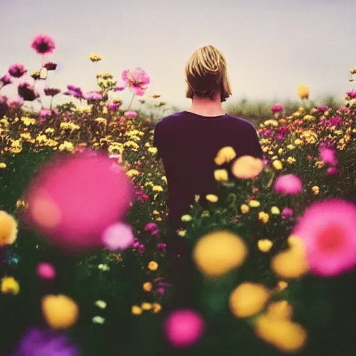 Image similar to kodak colorplus 2 0 0 photograph of a skinny blonde guy standing in a field of flowers, flower crown, back view, grain, moody lighting, telephoto, 9 0 s vibe, blurry background, vaporwave colors!, faded!,