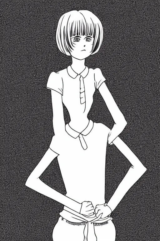 Image similar to portrait of a girl in long pants and a top, hands in pockets, eyes closed, bob haircut, digital art, black and white, lineart by junji ito and kaoru mori