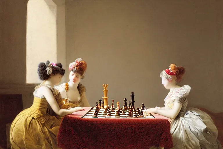 Prompt: two young women playing chess by Jean-Honoré Fragonard. highly detailed. 8k. depth of field. photography