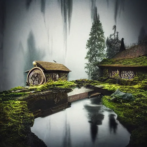 Image similar to inside a medieval hobbit home, ornate, beautiful, atmosphere, vibe, mist, smoke, chimney, rain, wet, pristine, puddles, waterfall, melting, snow, creek, lush, ice, bridge, forest, flowers, james jean