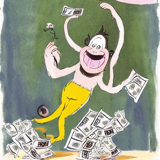 Image similar to a monkey juggling wads of cash, illustration by Quentin Blake