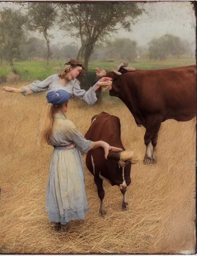 Image similar to portrait of peasant girl and cow on a farm, cottage core, polaroid photo bleached vintage pastel colors high - key lighting, soft lights, foggy, by steve hanks, by lisa yuskavage, by serov valentin, by tarkovsky, 8 k render, detailed, oil on canvas