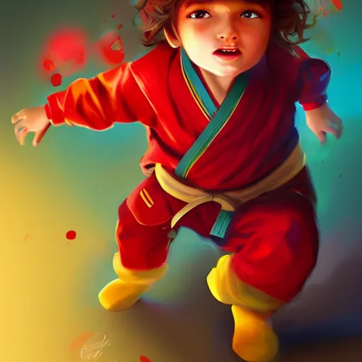Prompt: colorful and festive captivating young child boy, brown fluffy hair, wearing red and yellow hero suit, playing jokenpo. full body, rich vivid colors, ambient lighting, dynamic lighting, 4 k, atmospheric lighting, painted, intricate, highly detailed by charlie bowater