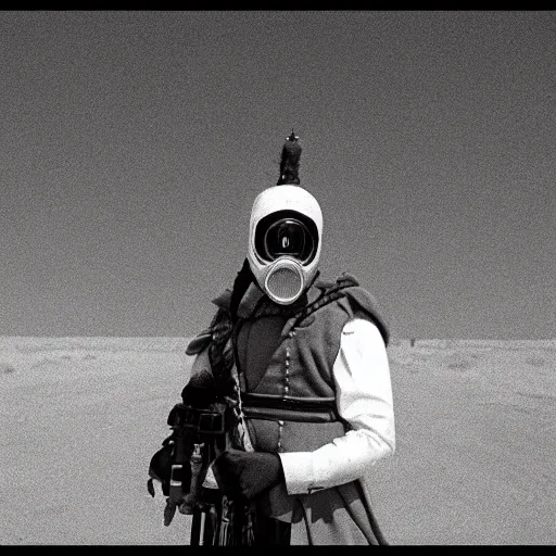 Prompt: the queens guard wearing a gasmask, in the desert, film still, arriflex 3 5