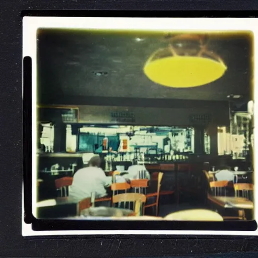 Prompt: 1980s polaroid of a restaurant with a creepy yellow animatronic rabbit in the corner, blurry, hazy
