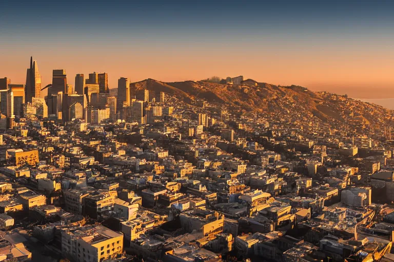 Image similar to aerial view of san francisco post apocalyptic, panoramic photography, golden hour, soft lighting, beautiful photo