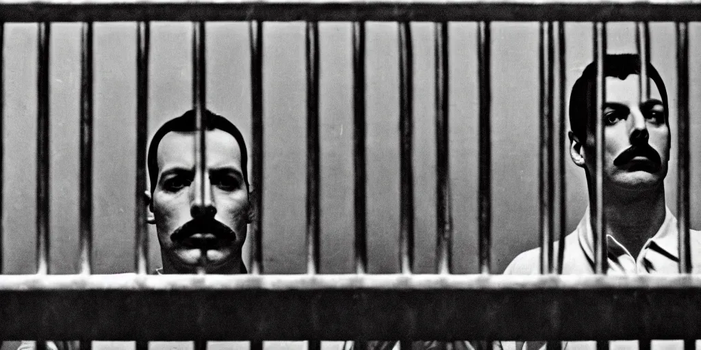 Prompt: freddie mercury sits behind bars in a russian prison, black and white photo, realism, 3 5 mm, prisoners in the background, good lighting