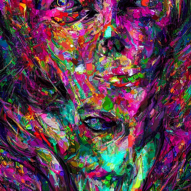 Image similar to hyper-maximalist overdetailed half portrait half collage slightly abstract pesudofigurative digital illustration by archan nair feat hakan hisim inspired by works of android jones. Pschedelic visionary artwork.